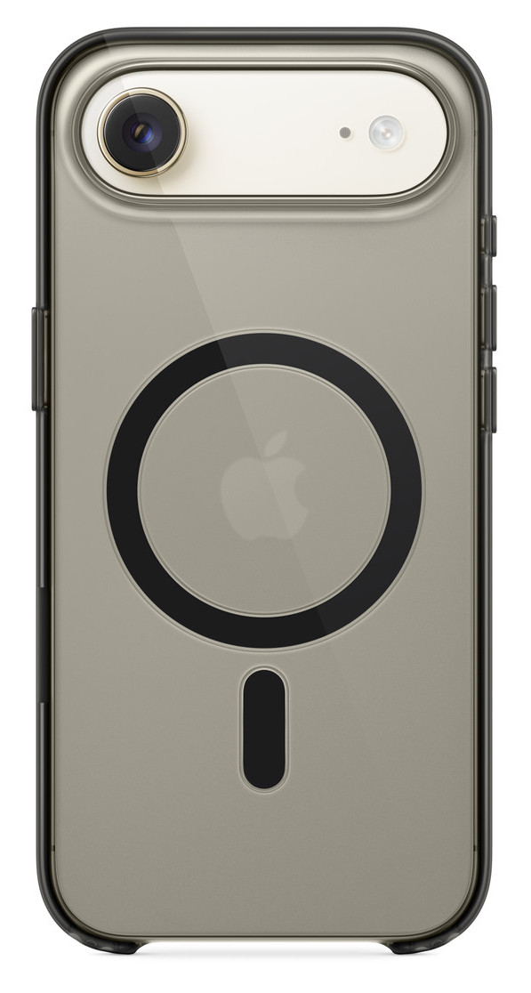 Przezroczyste etui na iPhone'a. Posiada logo Apple, aparat i czarne akcenty. Tło w neutralnym kolorze.