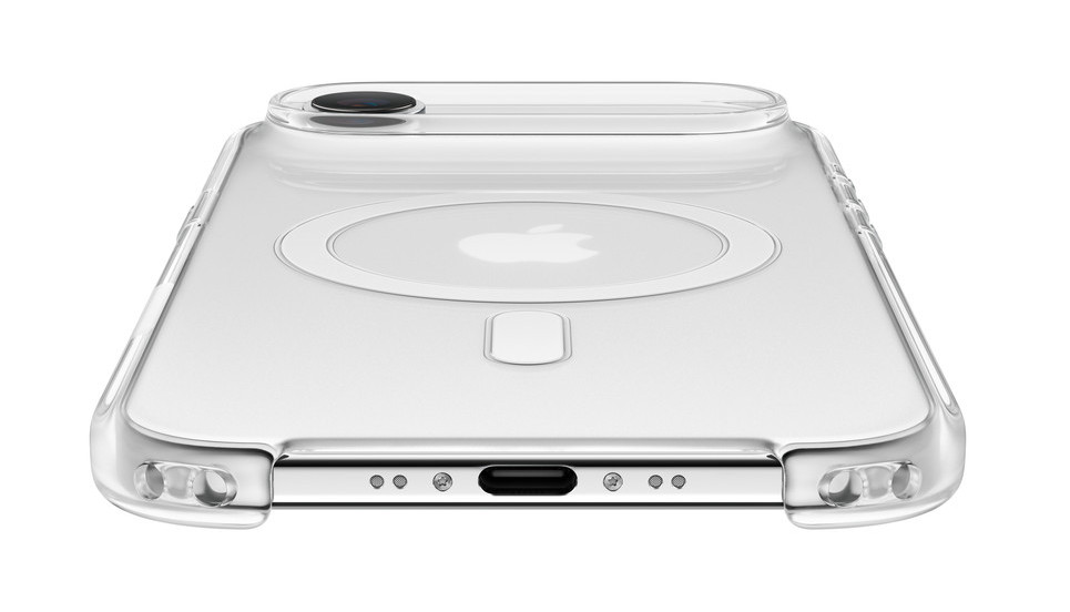 Przezroczyste etui na iPhone'a z logo Apple. Ma podwyższoną sekcję na górze. Etui jest przezroczyste i na białym tle.