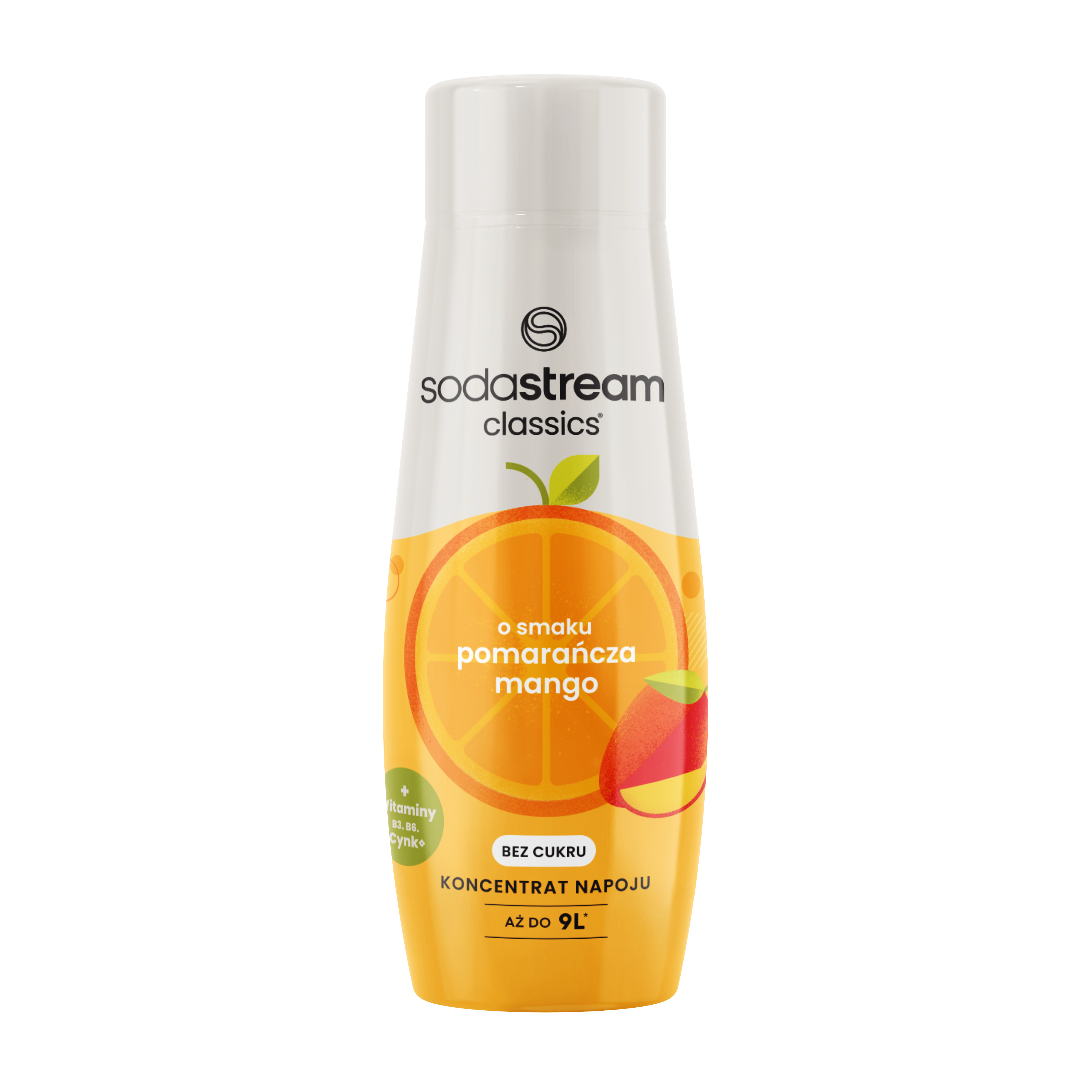 Butelka Sodastream Classics o smaku pomarańczy i mango jest prezentowana na czarnym tle, z detalami produktu.