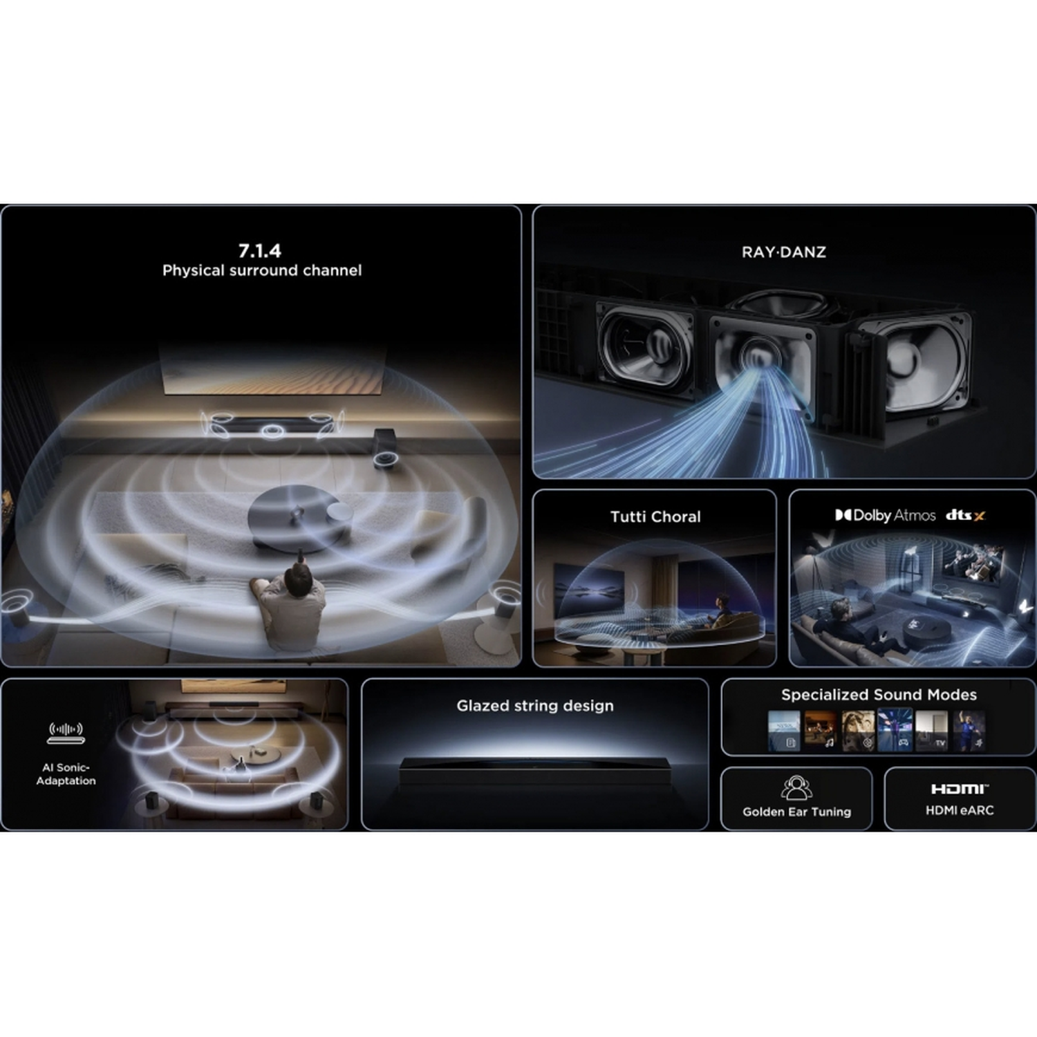 Une publicité présente une barre de son avec des fonctionnalités telles que le surround 7.1.4, la technologie Ray-Danz et Dolby Atmos. Plusieurs modes sonores sont mis en avant.