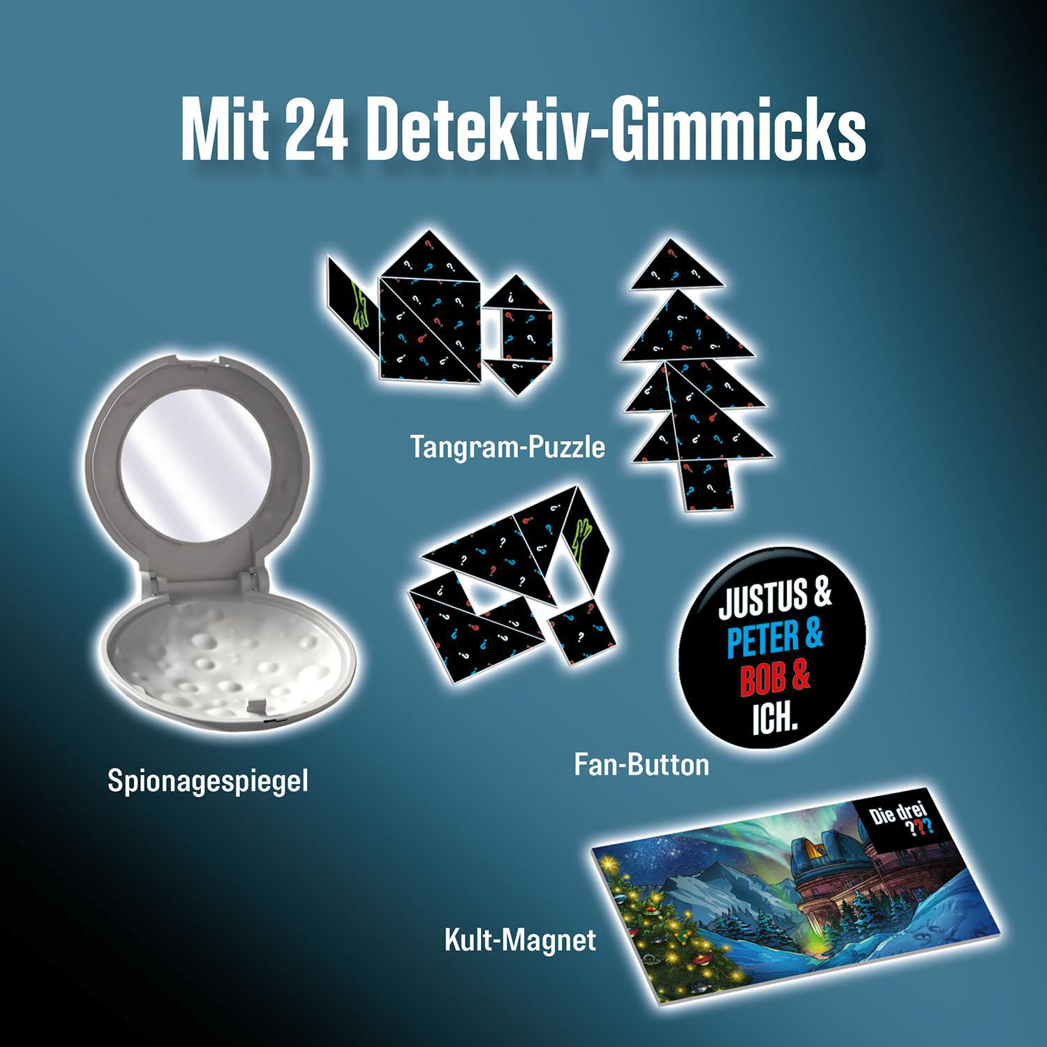 Werbebild mit Detektiv-Themen: Spiegel, Tangram-Puzzle, Fan-Button und Magnet. Text: 'Mit 24 Detektiv-Gimmicks'.