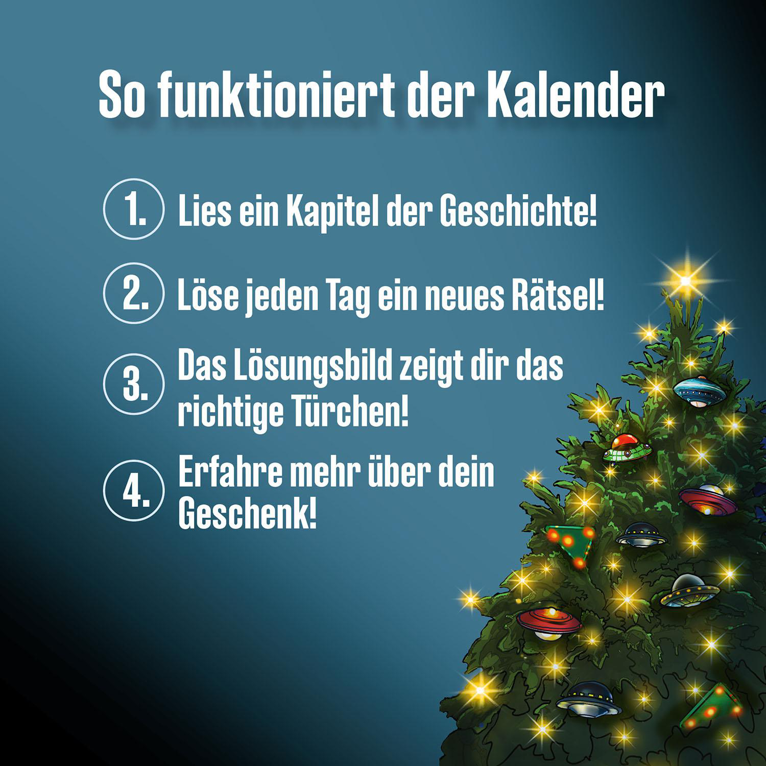Anweisungen: Lies ein Kapitel, löse ein Rätsel, finde das richtige Türchen und erfahre mehr über dein Geschenk. Weihnachtsbaum mit Lichtern.