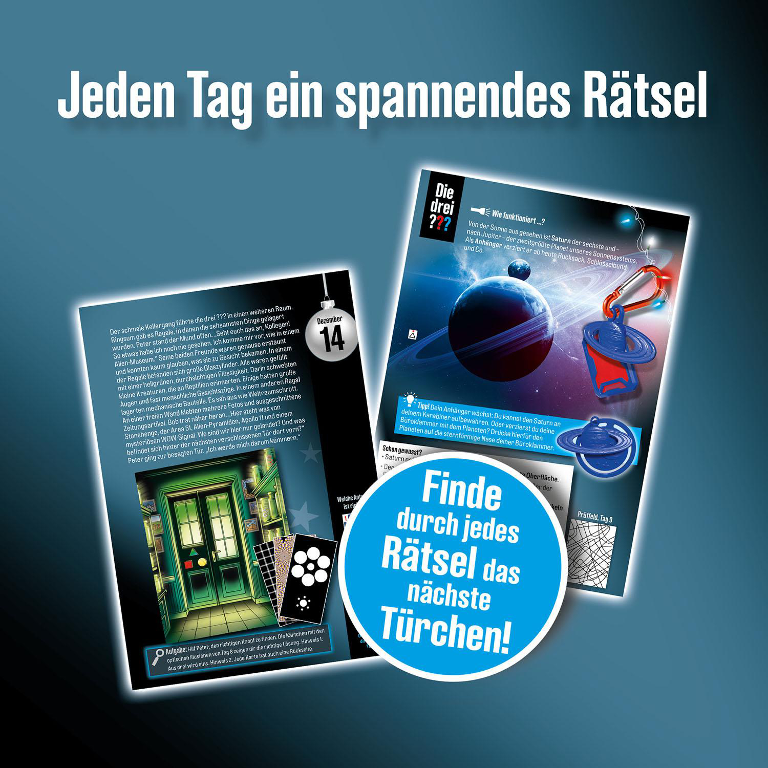 Ein Spielbrett mit Text und Bildern von einer Tür, Saturn und Karten. Text sagt: Finde durch jedes Rätsel die nächsten Türen!