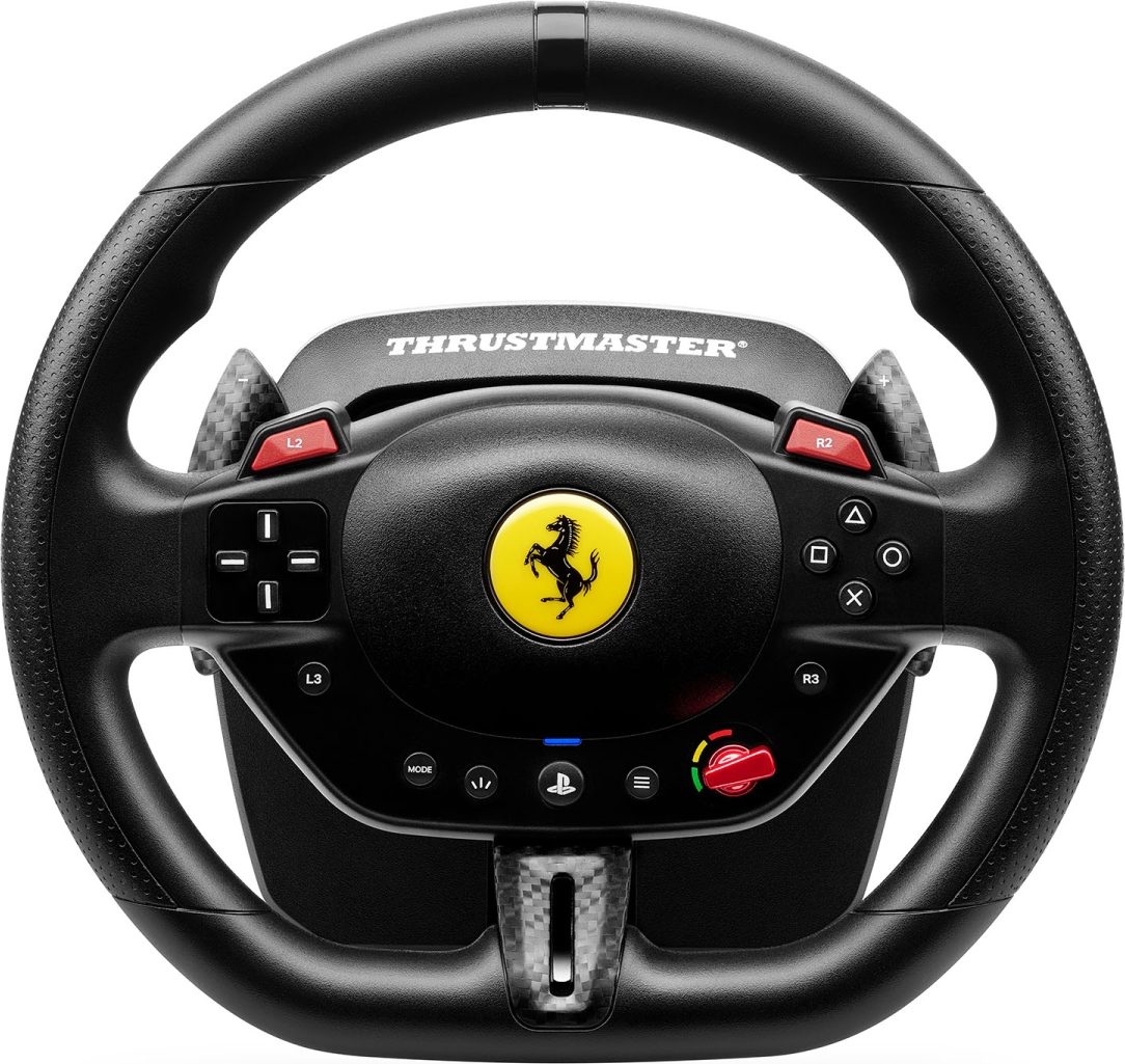 Volant noir Thrustmaster Ferrari. Comprend des boutons, des palettes et le logo Ferrari au centre.