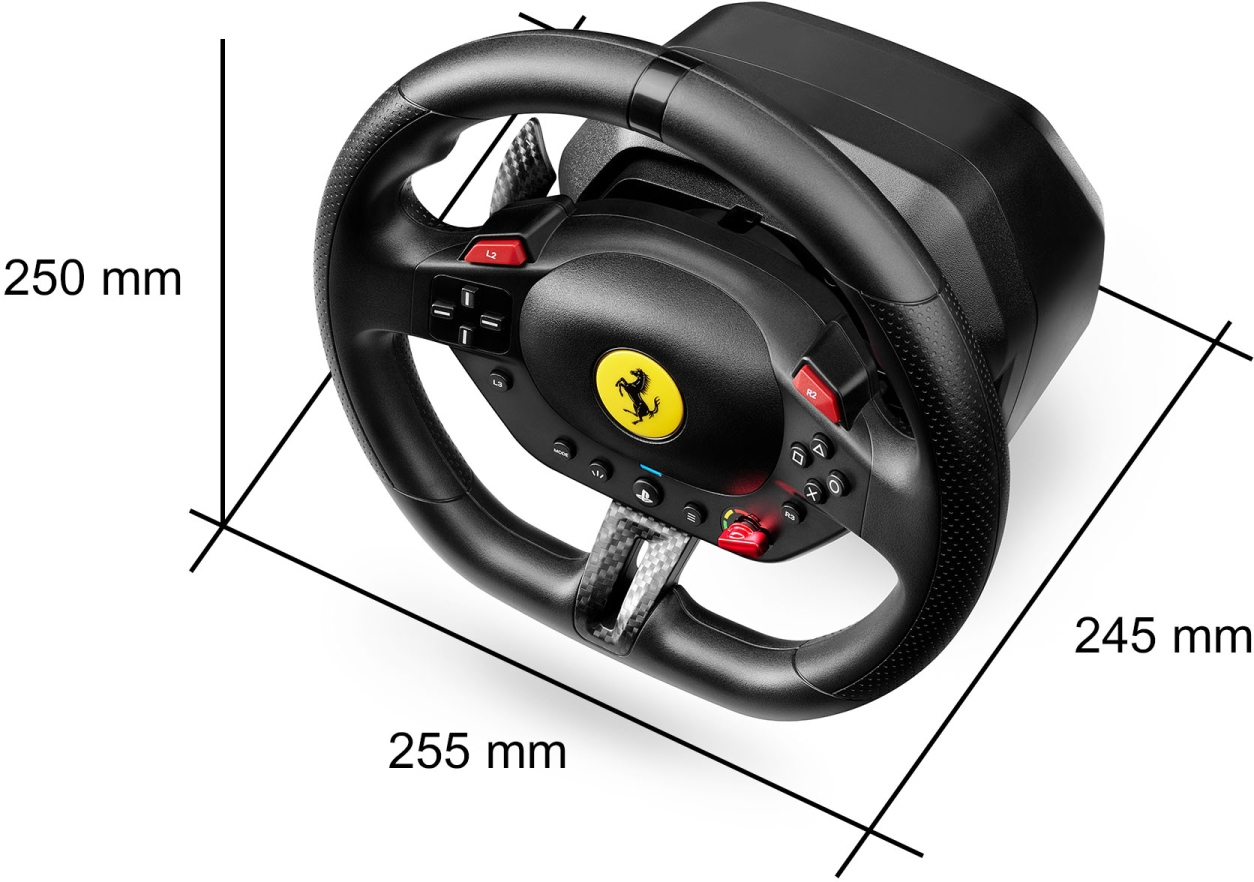 Un volant de course Ferrari noir avec logo jaune. Dimensions 255x245x250mm. Boutons rouges et palettes en fibre de carbone visibles.