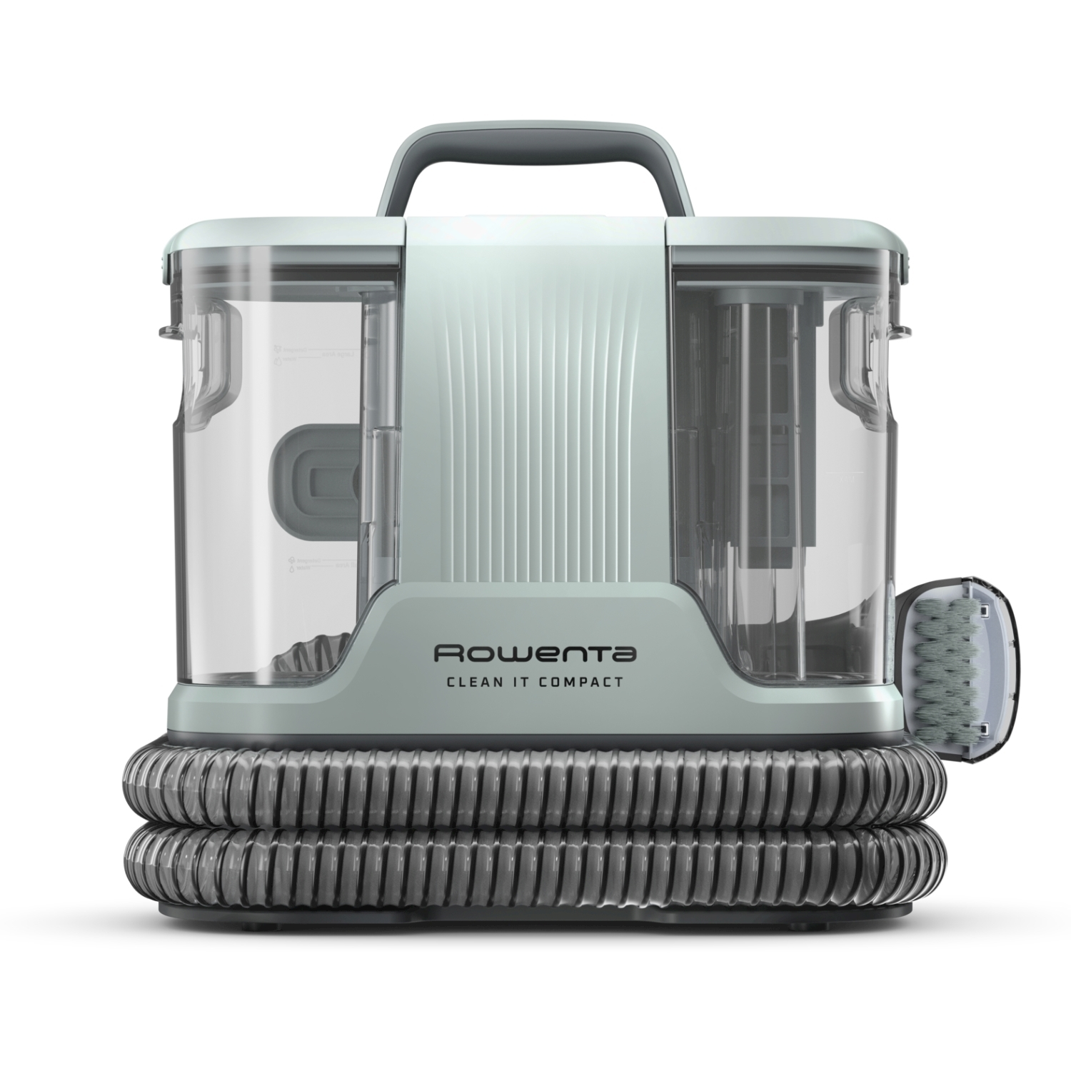 Un aspirapolvere Rowenta Clean It Compact color verde acqua e grigio. Presenta serbatoi trasparenti, una maniglia e una base per tubo flessibile.