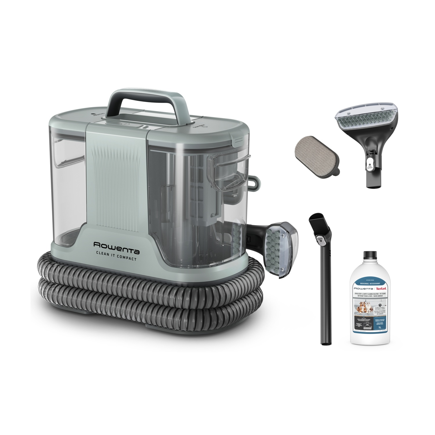 Un aspirapolvere Rowenta Clean It Compact con accessori, tra cui testine di pulizia e una bottiglia di soluzione detergente, su sfondo bianco.