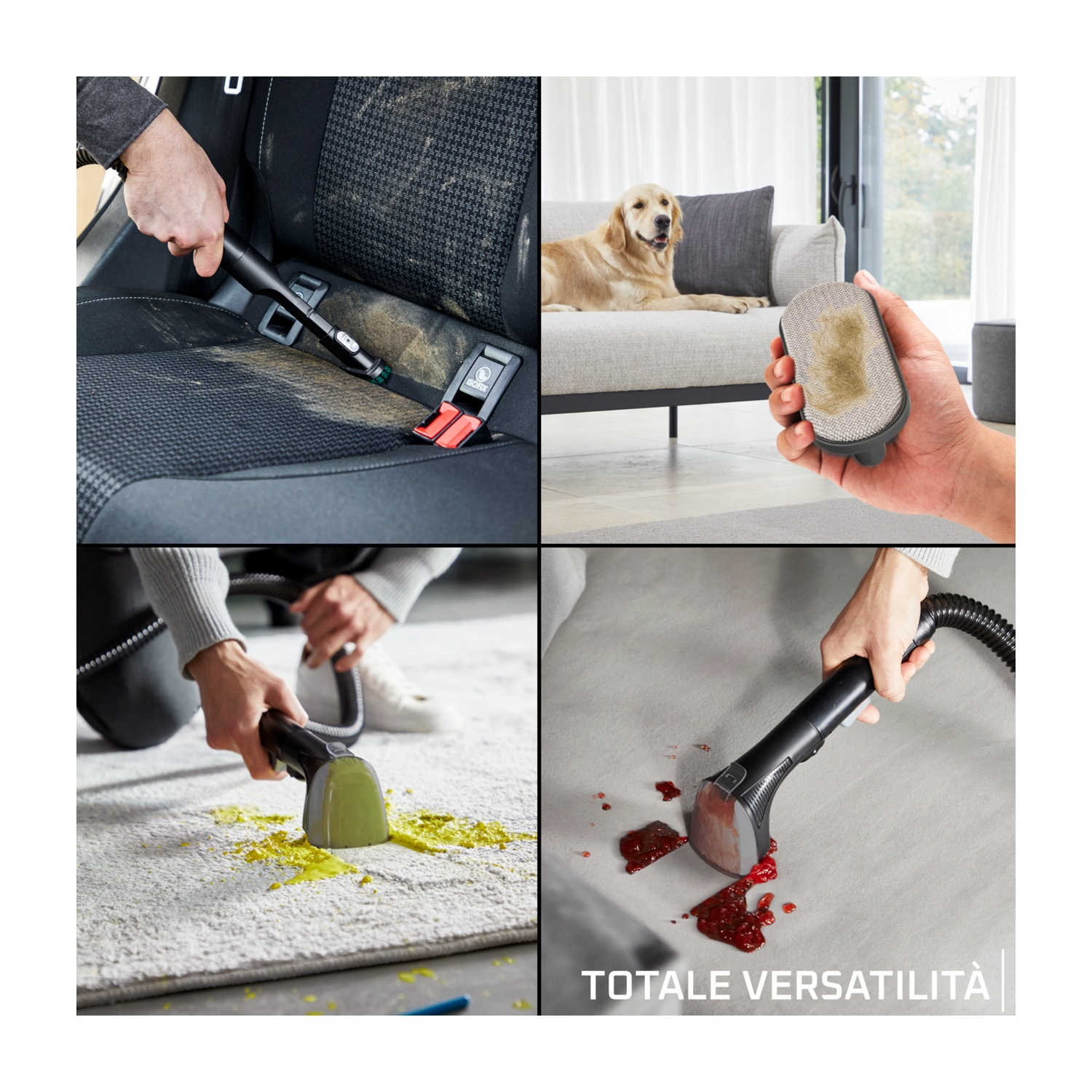 Un collage che mostra la pulizia in diversi scenari: sedile auto, peli di cane, tappeto e macchie sui rivestimenti, con un dispositivo di pulizia.