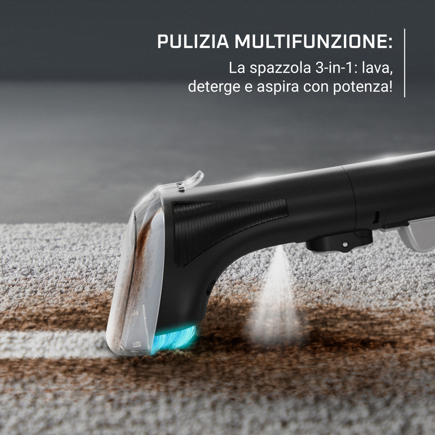 Una testina di aspirapolvere nera pulisce un tappeto. L'acqua viene spruzzata sul tappeto e lo sporco viene estratto.