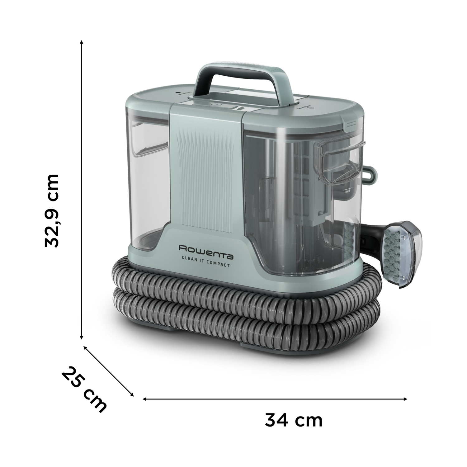 Un pulitore per tappeti Rowenta Clean It Compact turchese e grigio con misure di 32,9 cm, 25 cm e 34 cm.