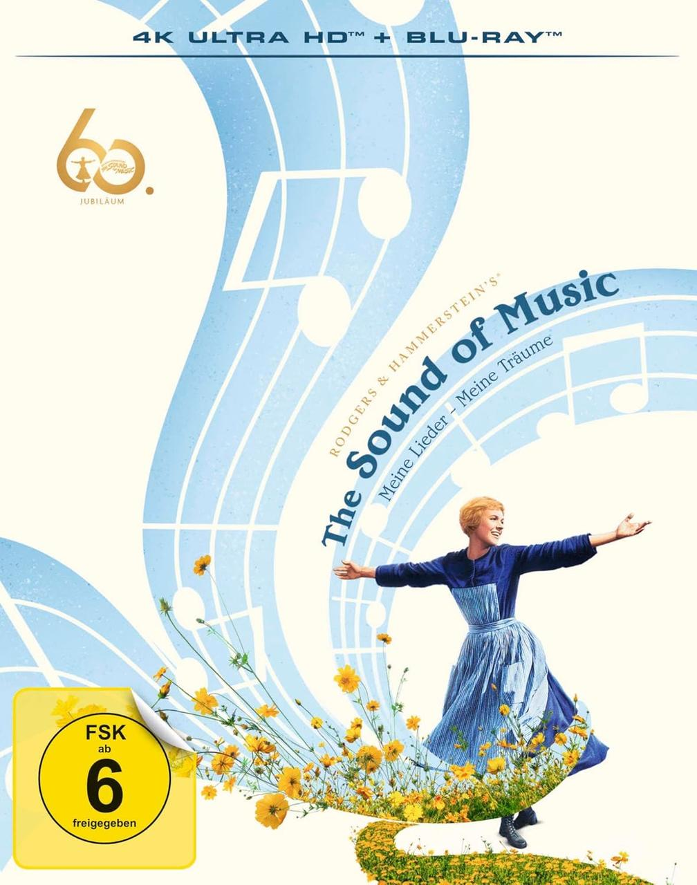 Filmplakat. Julie Andrews in blauem Kleid mit ausgestreckten Armen. Titel: The Sound of Music. Gelbe Blumen und Noten sind sichtbar.