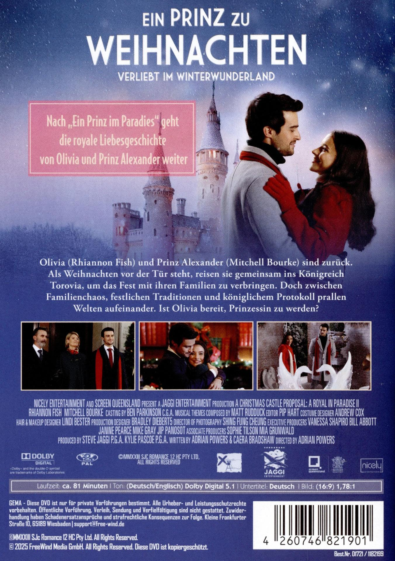 Filmcover mit Paar vor Schloss. Titel auf Deutsch: Ein Prinz zu Weihnachten. Mit Rhiannon Fish.