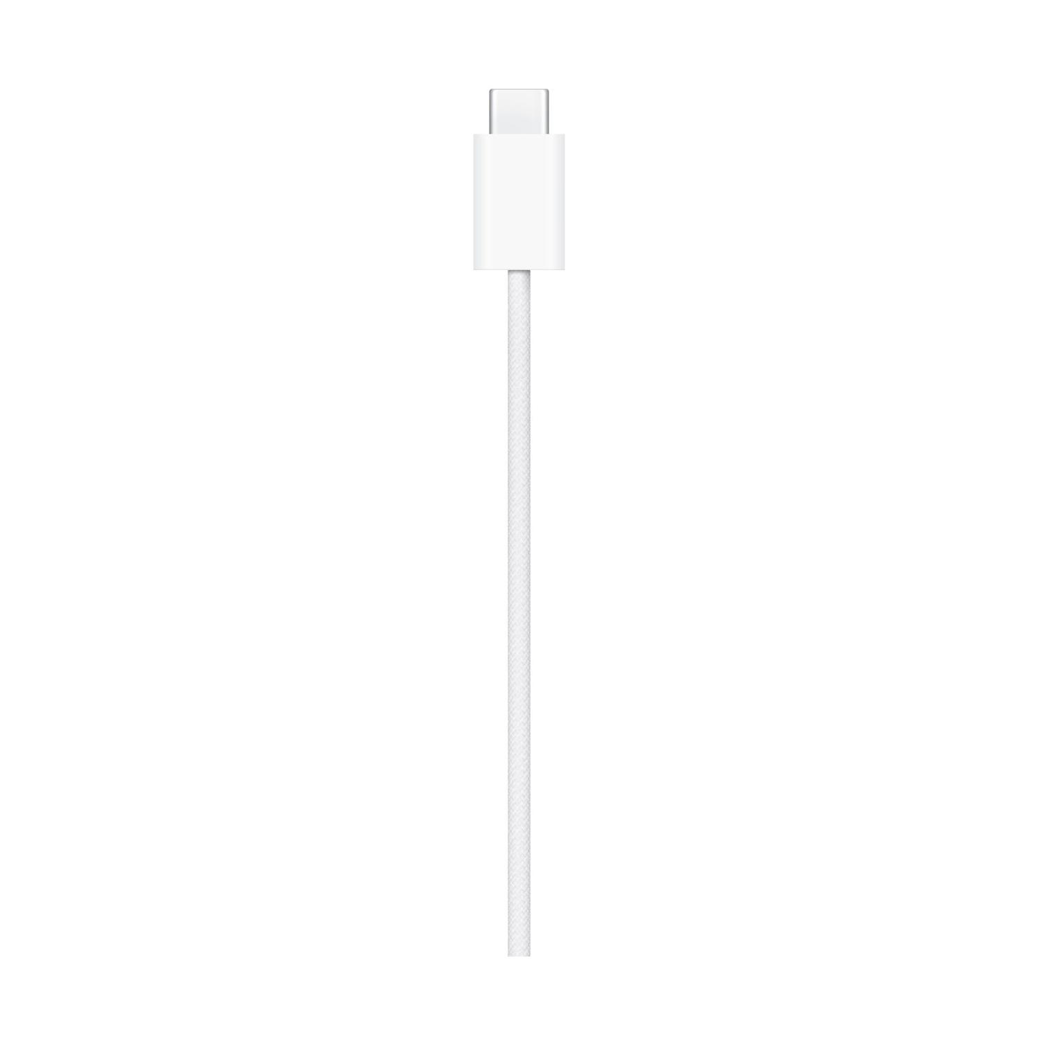 Un cavo di ricarica USB-C bianco su sfondo bianco. Il cavo ha un connettore bianco e un cavo intrecciato bianco.
