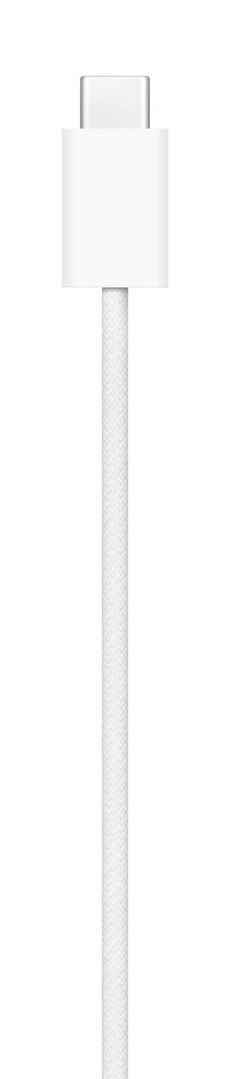 Biały kabel USB-C. Ma prostokątne złącze i pleciony kabel. Tło jest białe.