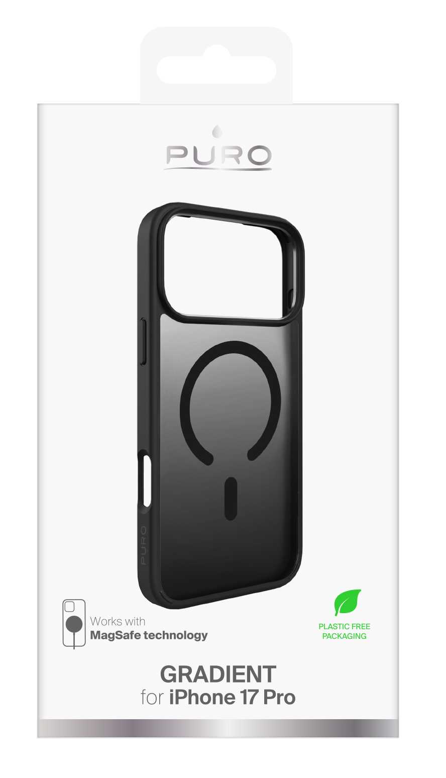 Czarny pokrowiec na iPhone'a w białym pudełku. Pokrowiec ma efekt gradientu i technologię MagSafe. Na pudełku napis 'GRADIENT for iPhone 17 Pro'.