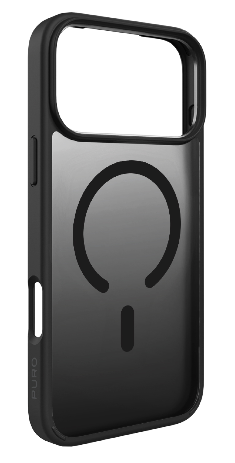 Czarne etui na telefon z wzorem pierścienia MagSafe. Etui ma czarną ramkę i logo Puro. Tło jest czarne.
