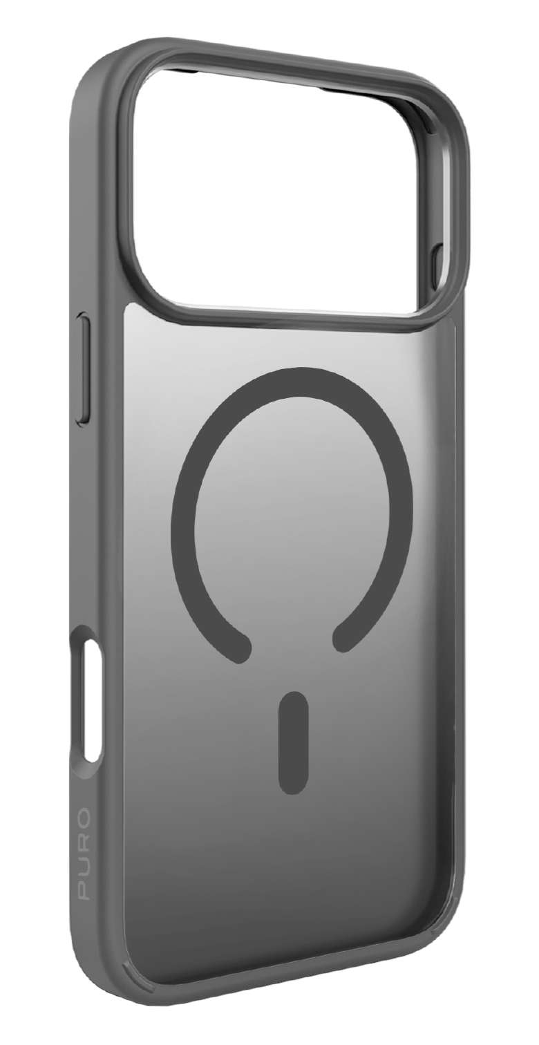 Szare etui na telefon z okrągłym i liniowym wzorem na plecach. Marka, PURO, jest nadrukowana z boku.