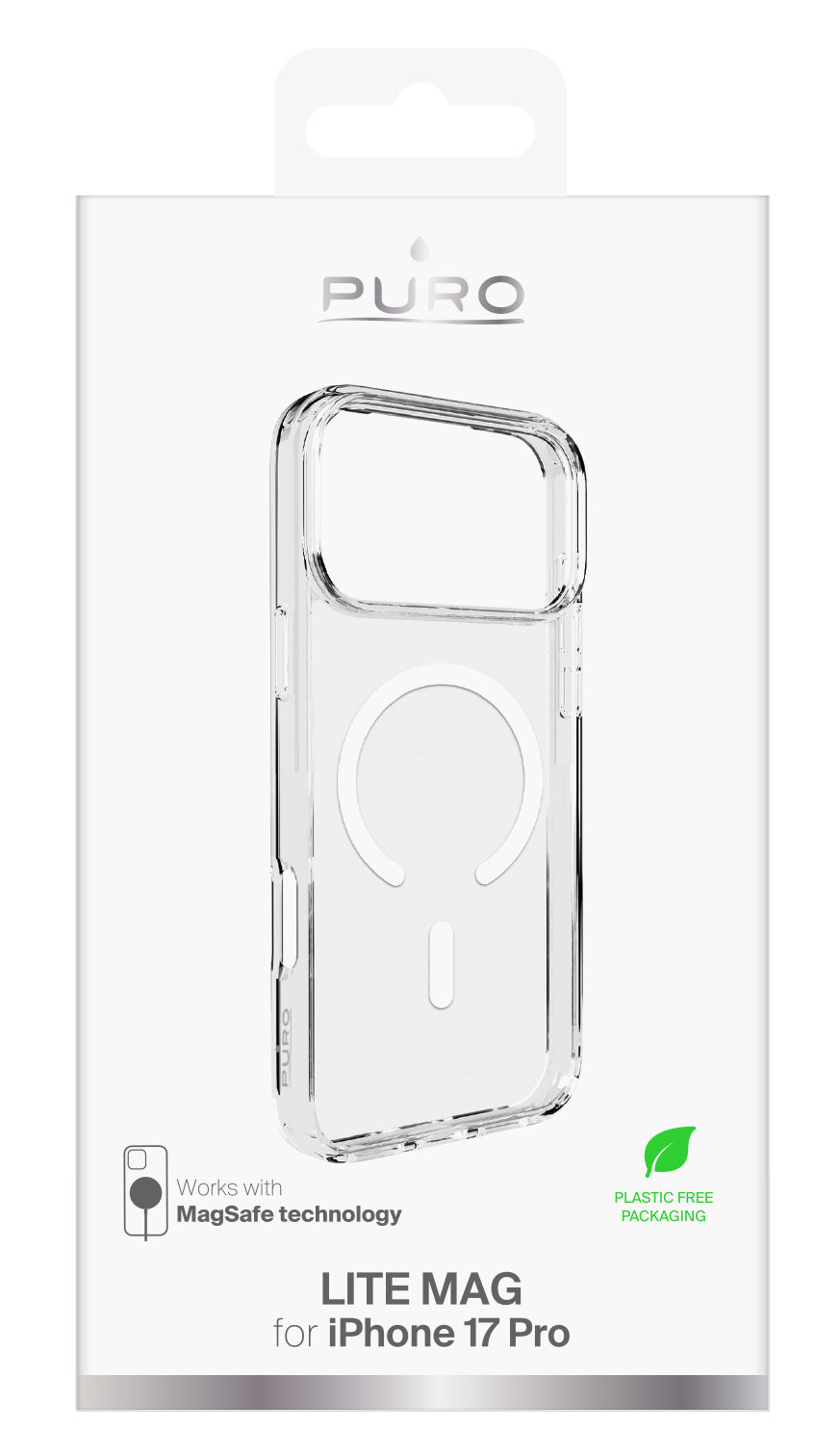 Przezroczyste etui na telefon z technologią MagSafe w białym pudełku. Pudełko ma markę PURO i napis: LITE MAG for iPhone 17 Pro.
