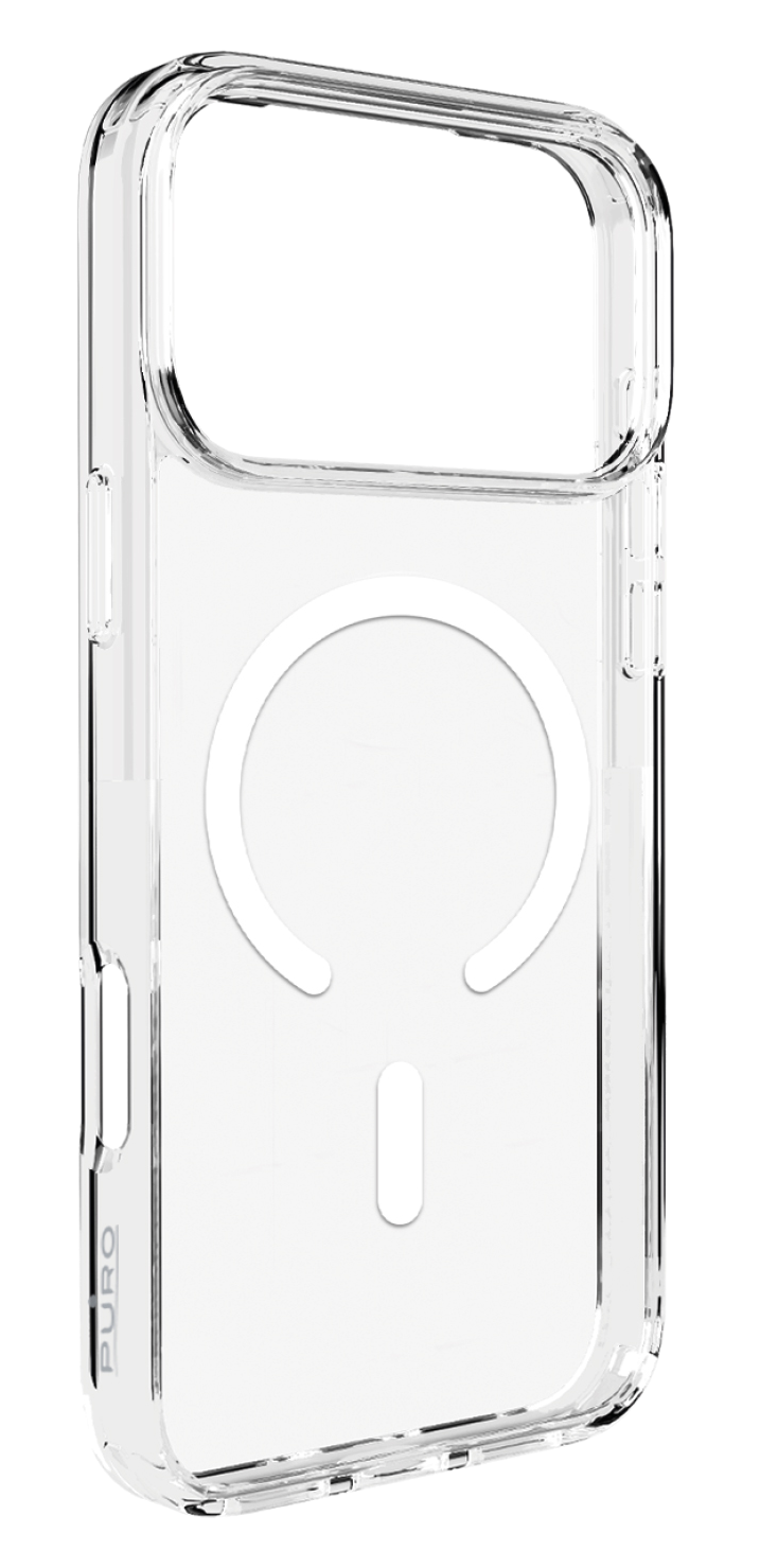 Przezroczyste etui na iPhone'a z białym pierścieniem magnetycznym i wydłużonym owalnym kształtem. Etui jest przezroczyste.