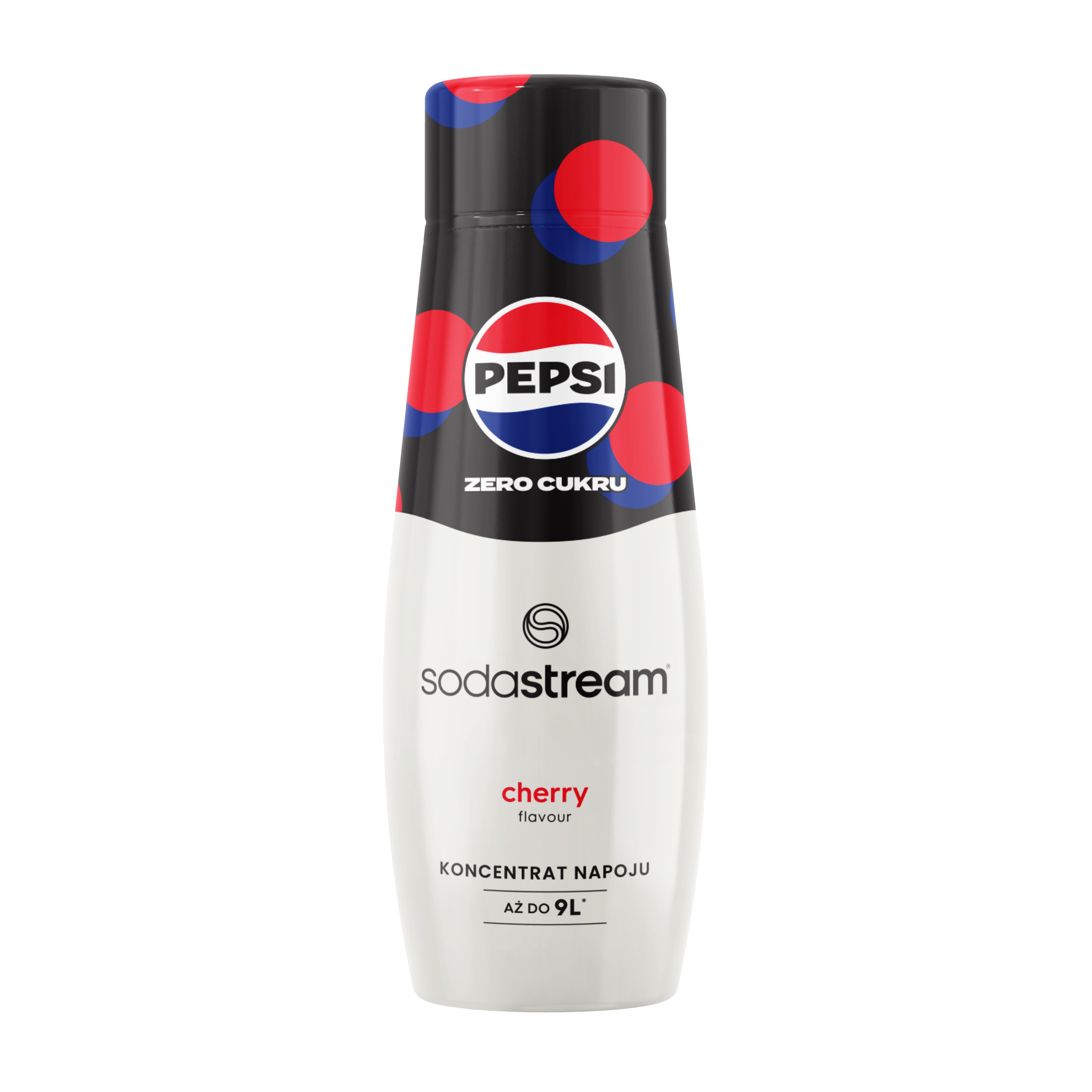 Biała butelka SodaStream z marką Pepsi i smakiem wiśni na czarnym tle.