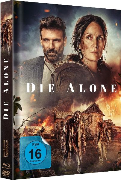 DVD-Cover von 'Die Alone'. Mit zwei Personen, Zombies, brennenden Gebäuden und einem blauen 'FSK 16'-Aufkleber. Dunkle, dramatische Szene.