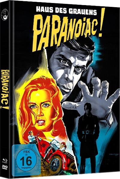 Filmposter für 'Paranoiac!' zeigt einen Mann, der greift, eine Frau mit roten Haaren, ein Auto und Text auf Deutsch. Schwarz, Gelb und Rot sind vorherrschend.