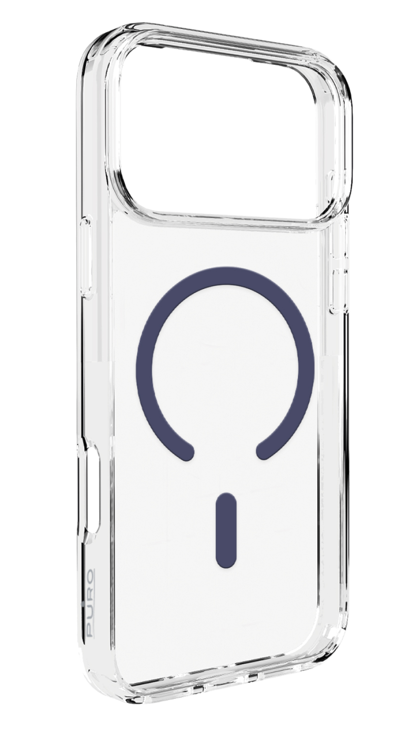 Przezroczyste etui na telefon z ciemnoniebieskim wzorem koła i linii na plecach. Etui jest lekko pochylone.