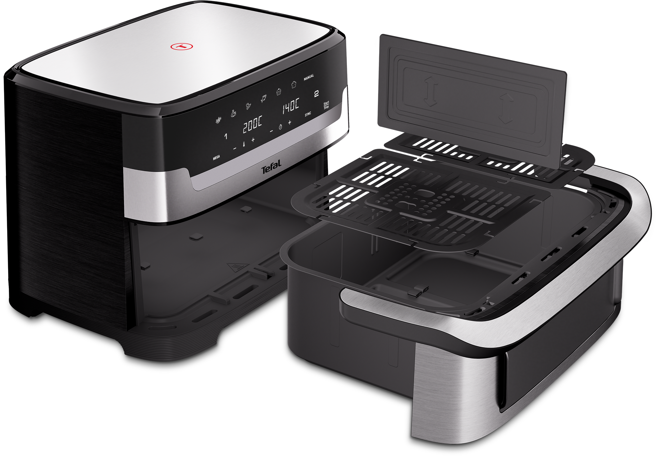 Egy Tefal légkeveréses sütő, fekete és ezüst színben. A kosár nyitott, benne egy ráccsal. A tetején digitális kijelző és vezérlők találhatók.