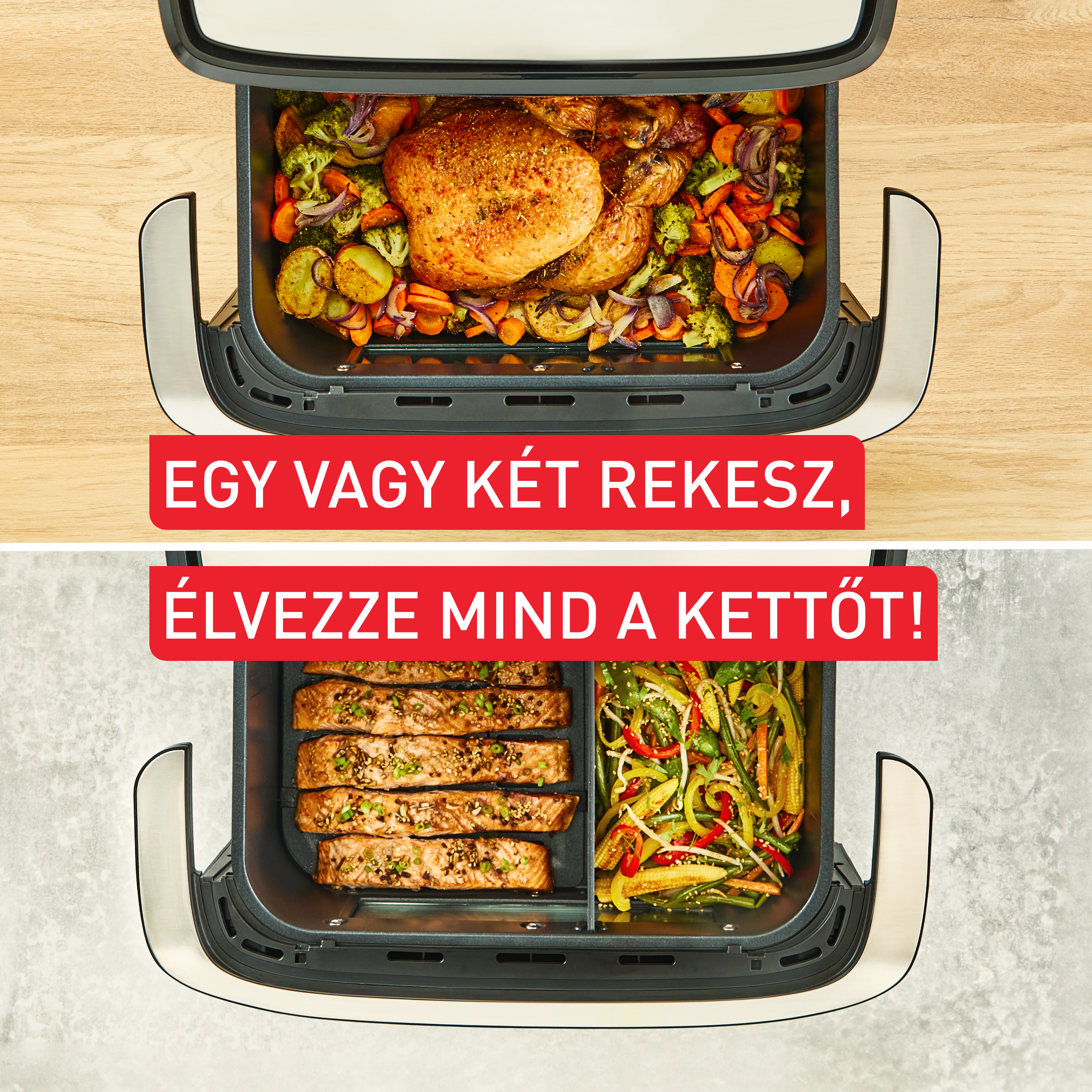 Légkeveréses sütő étellel két rekeszben. Csirke és zöldségek az egyikben, lazac és zöldségek a másikban.