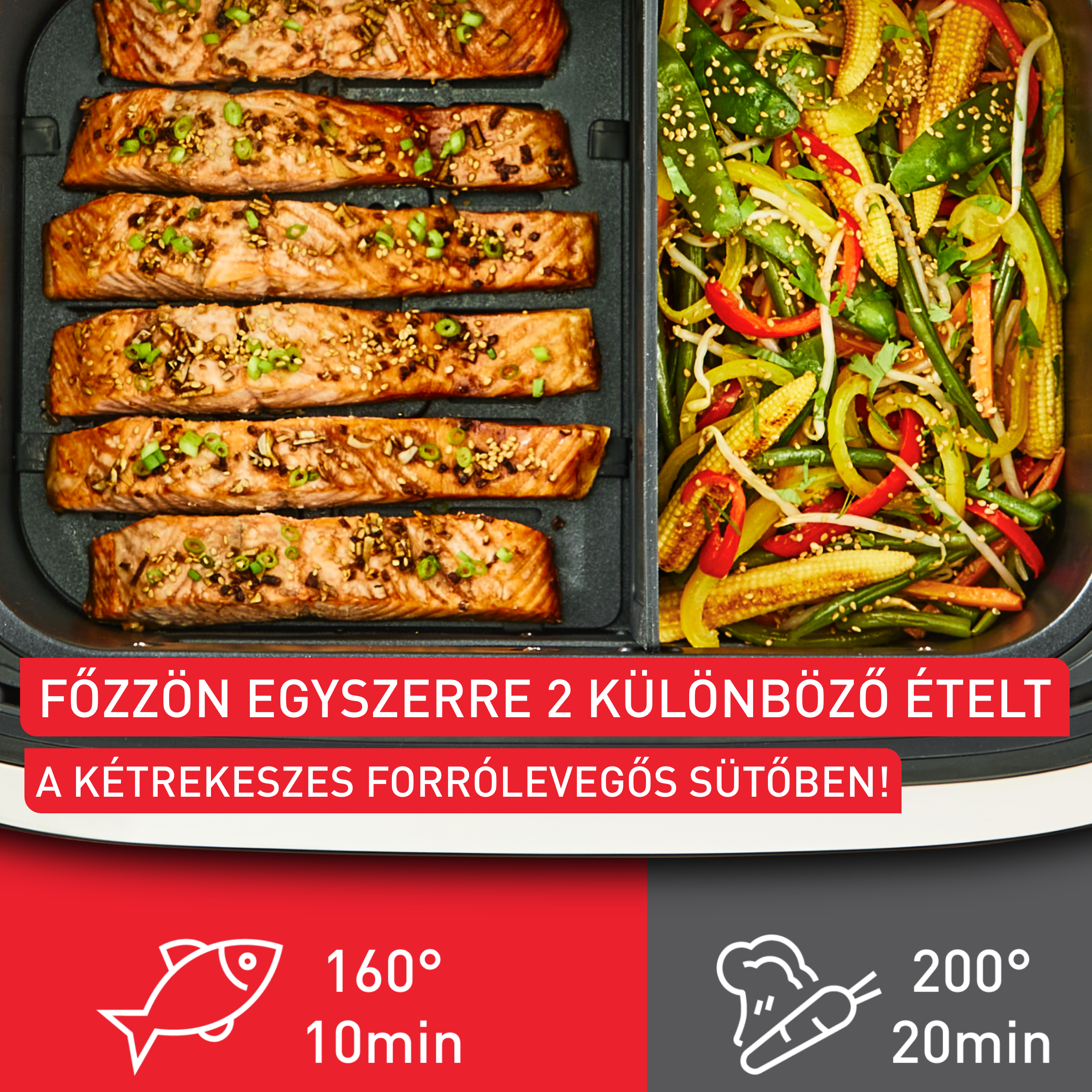Egy forrólevegős sütő lazaccal és zöldségekkel. Szöveg: Süssön két különböző ételt egyszerre a kétzónás sütőben.