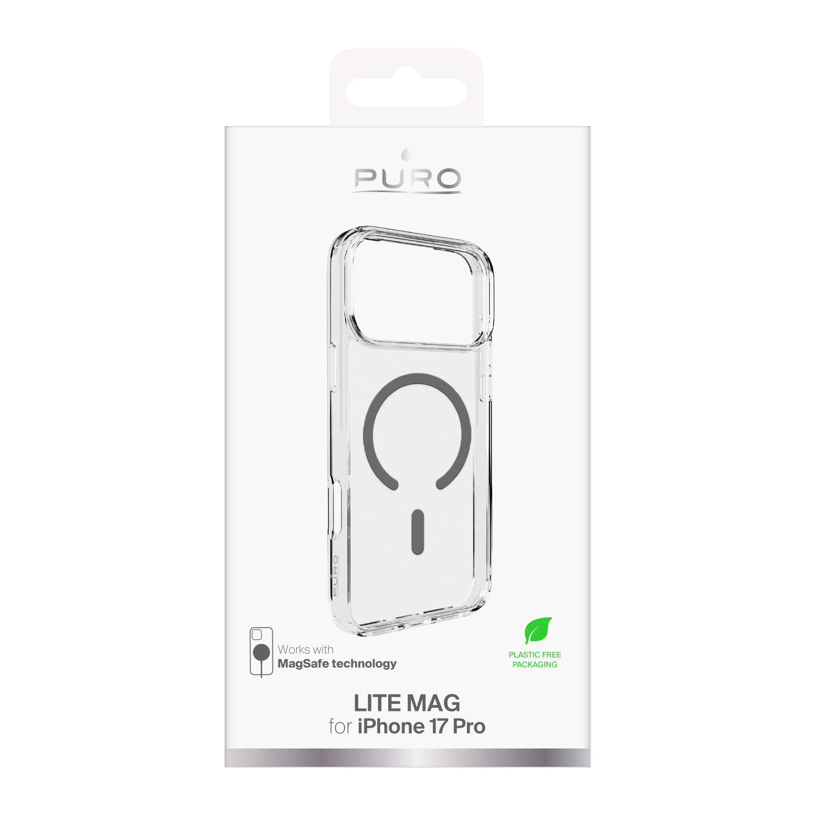 Przezroczyste etui na telefon w pudełku. Etui ma okrąg MagSafe i etykietę iPhone 17 Pro. Pudełko ma logo Puro.