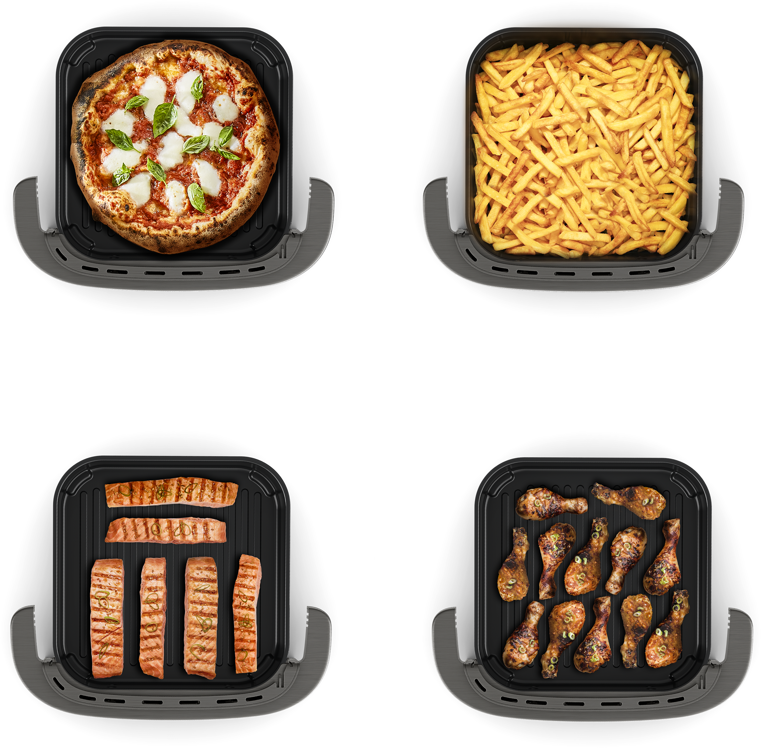 A képen négy légsütő tálca látható étellel: pizza, sült krumpli, grillezett lazac és csirkecomb, mind fekete háttéren.