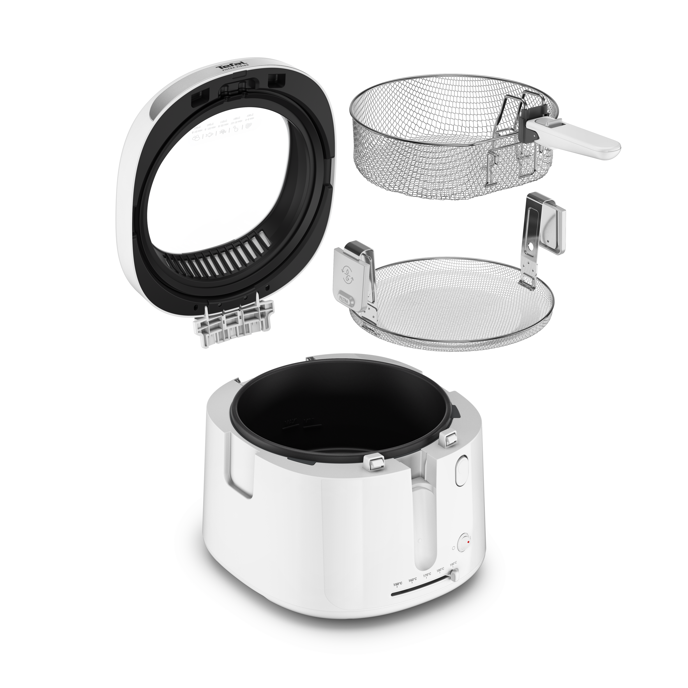 Fehér Tefal Filtra Vision fritőz kosárral, fedővel és olajtartállyal, a fritőz részeit mutatja.
