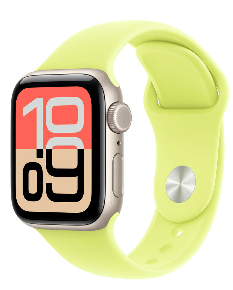 Apple Watch z jasnozielonym paskiem. Tarcza zegarka pokazuje godzinę 10:09. Koperta zegarka ma jasny metaliczny kolor.