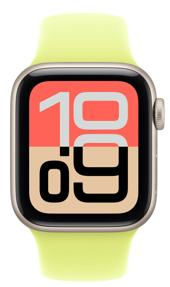 Apple Watch z limonkowym paskiem. Tarcza wyświetla godzinę 10:09. Tło podzielone na czerwony i beżowy.