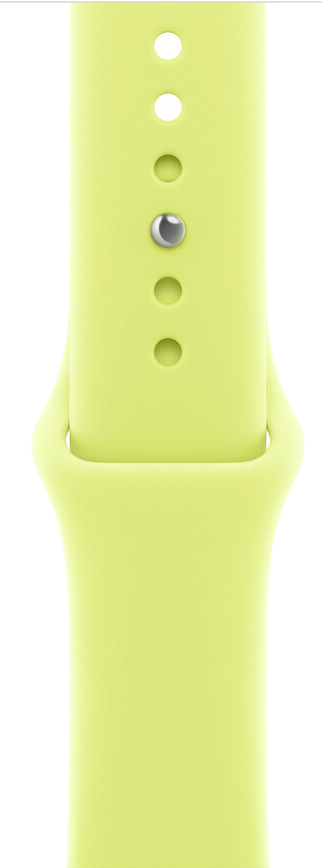 Jasnozielony pasek do zegarka. Ma kilka otworów i srebrne zapięcie. Tło jest czarne.