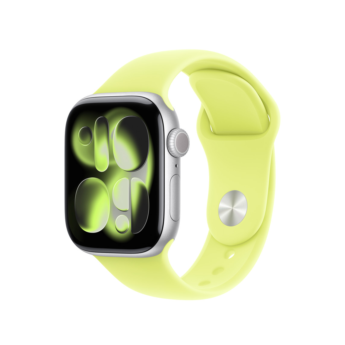 Srebrny Apple Watch z neonowo-żółtym paskiem. Tarcza wyświetla cyfrowy czas. Tło jest białe.