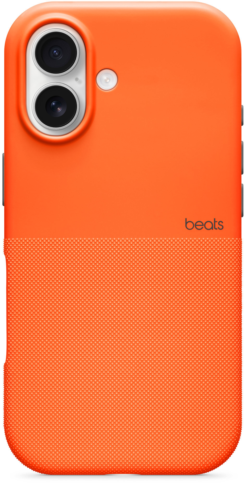 Pomarańczowe etui na telefon z teksturowaną dolną połową. Posiada wycięcie na aparat z dwoma obiektywami i logo 'beats'.