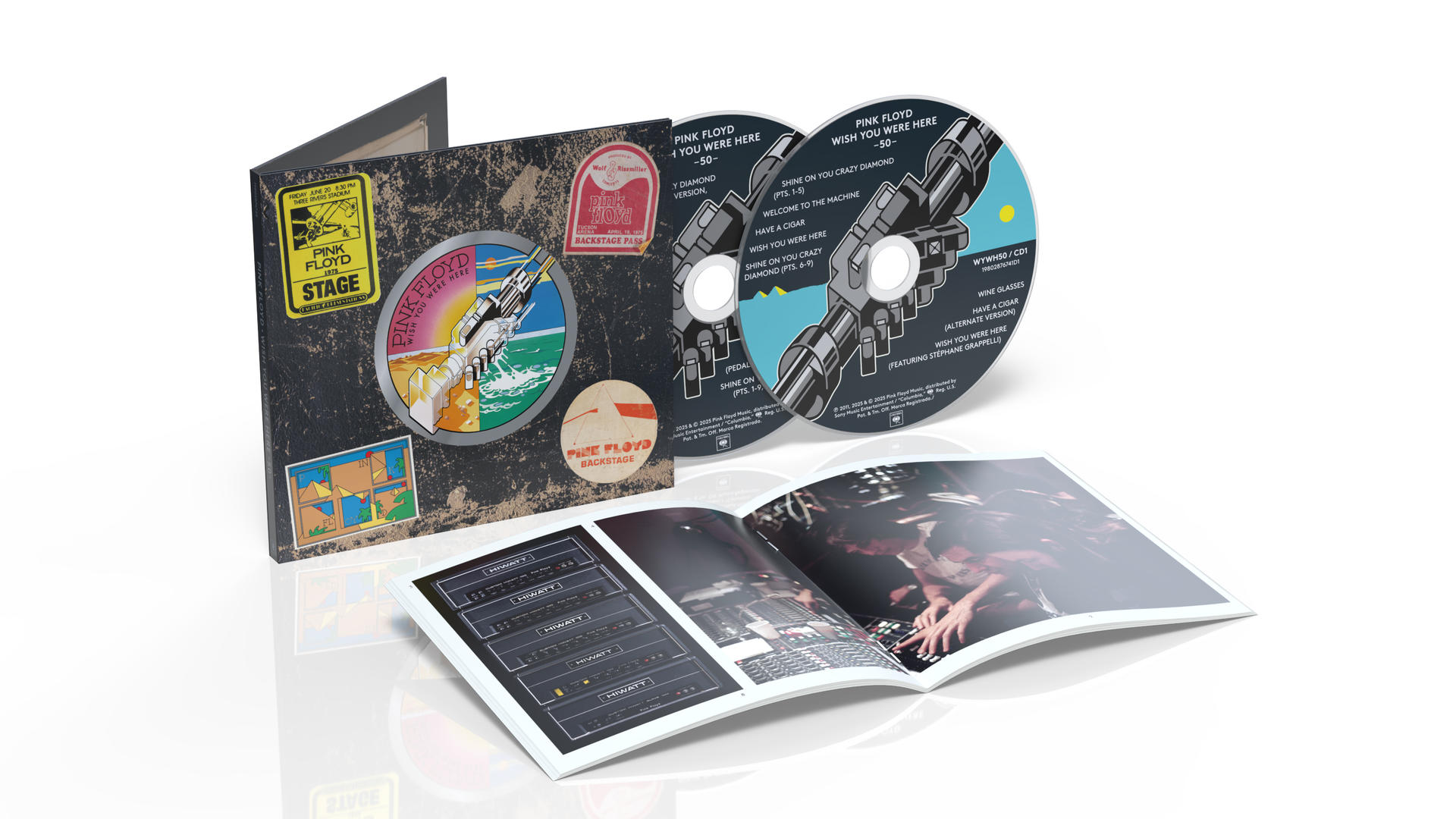 Pink Floyd "Wish You Were Here" Album. CD-Hülle und Discs mit einem Booklet. Albumcover mit Bandlogo und Weltraum-Themen.