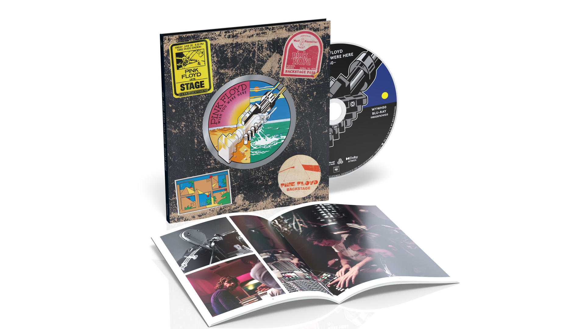 Pink Floyd "Wish You Were Here" Album. CD, Broschüre und Cover-Art mit Band-Bildern, Backstage-Pässen und Konzertdetails.