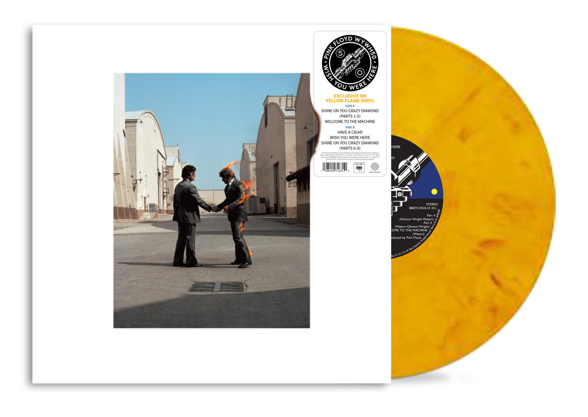 Pink Floyd Albumcover. Zwei Männer geben sich die Hand, einer brennt. Eine gelbe Vinylplatte ist zu sehen.