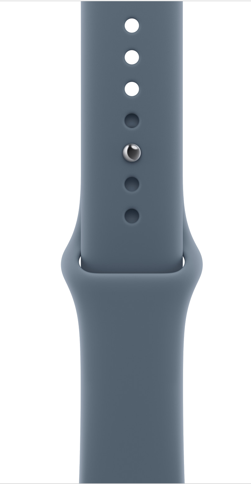 Zbliżenie niebiesko-szarego paska do zegarka. Ma wiele otworów i metalowy kołek. Tło jest czarne.