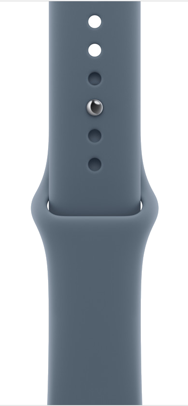 Zbliżenie niebiesko-szarego paska do zegarka z otworami i metalowym zapięciem. Tło jest czarne.