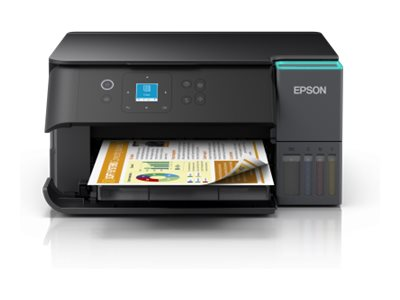 Schwarzer Epson-Drucker, der ein Dokument mit Diagrammen und Grafiken druckt. Der Drucker hat einen kleinen Bildschirm und Tintenbehälter.