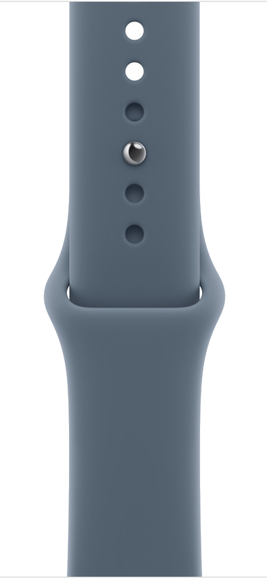 Zbliżenie niebiesko-szarego paska do zegarka. Ma otwory i metalowe zapięcie. Tło jest czarne.