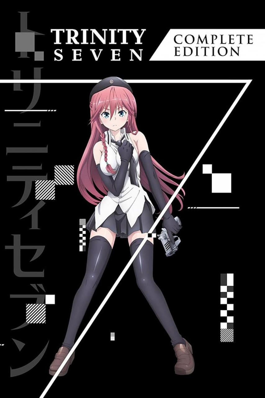 Anime-Mädchen mit pinken Haaren, hält eine Pistole, in einem schwarz-weißen Outfit, auf schwarzem Hintergrund mit Text.