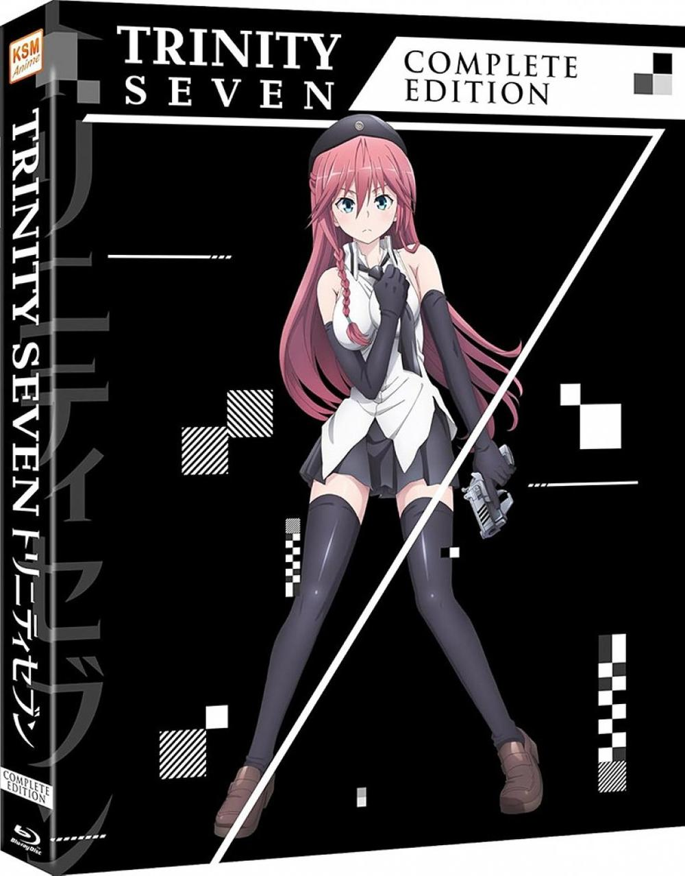 Anime-Cover mit einem Mädchen, das eine Waffe hält. Sie hat pinkes Haar und ein schwarzes Outfit. Der Hintergrund ist schwarz mit weißen Linien.