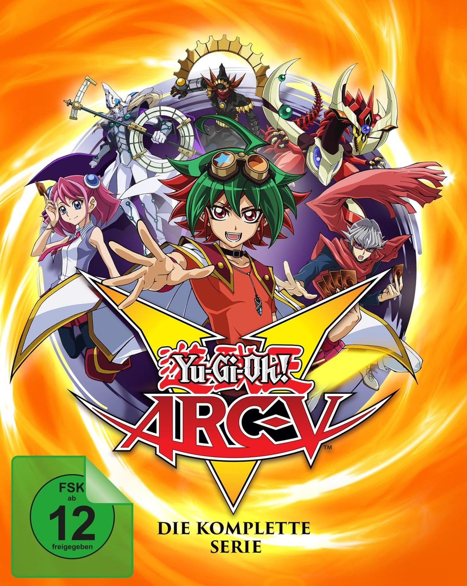 Yu-Gi-Oh! Arc-V DVD-Cover. Charaktere mit stacheligen Haaren und Monster auf orangefarbenem Hintergrund. Enthält das Rating-Logo.