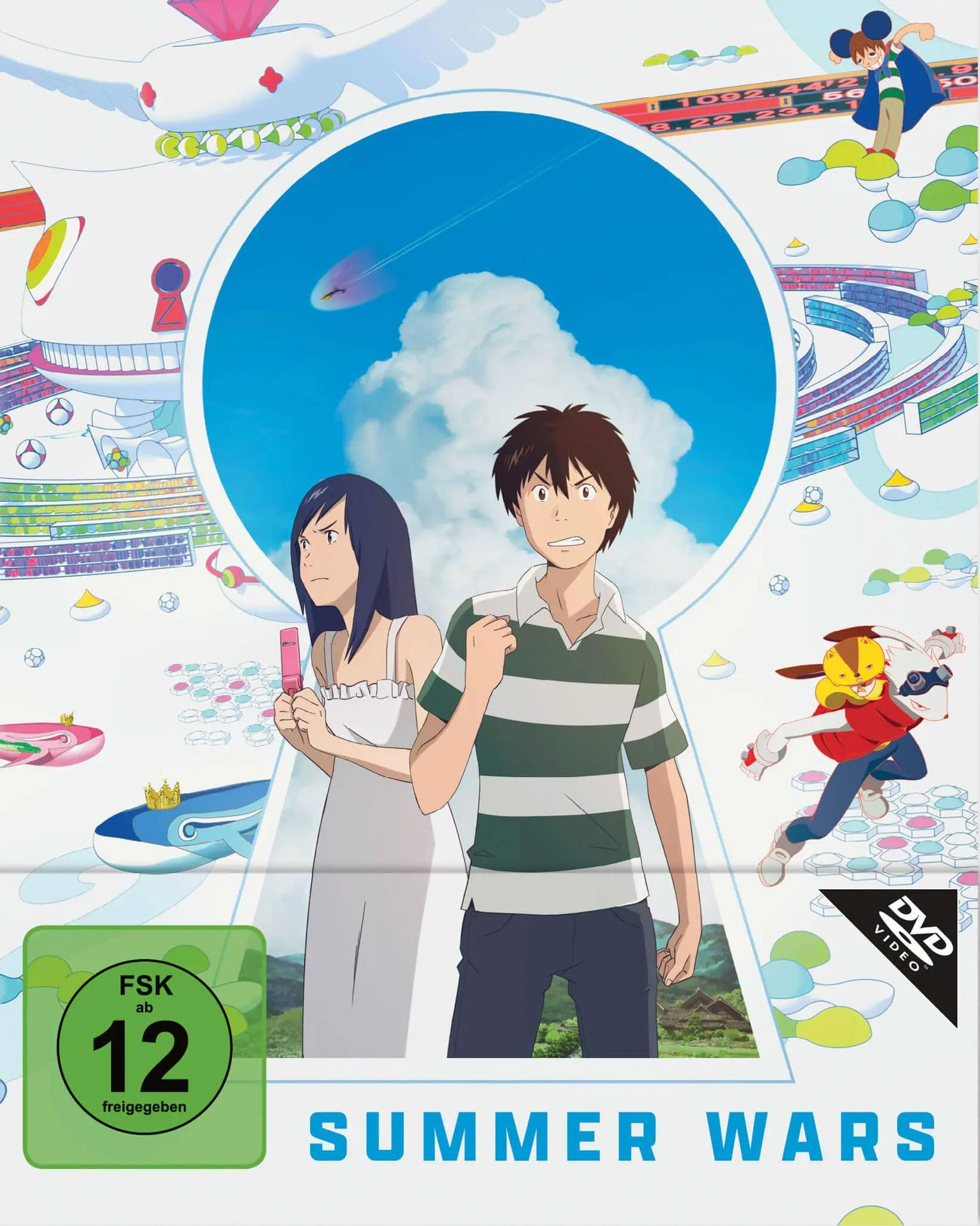 Anime-Cover. Zwei Personen stehen vor einem blauen Himmelportal. Digitale Kreaturen und Text schweben um das Bild. Der Titel lautet 'Summer Wars'.