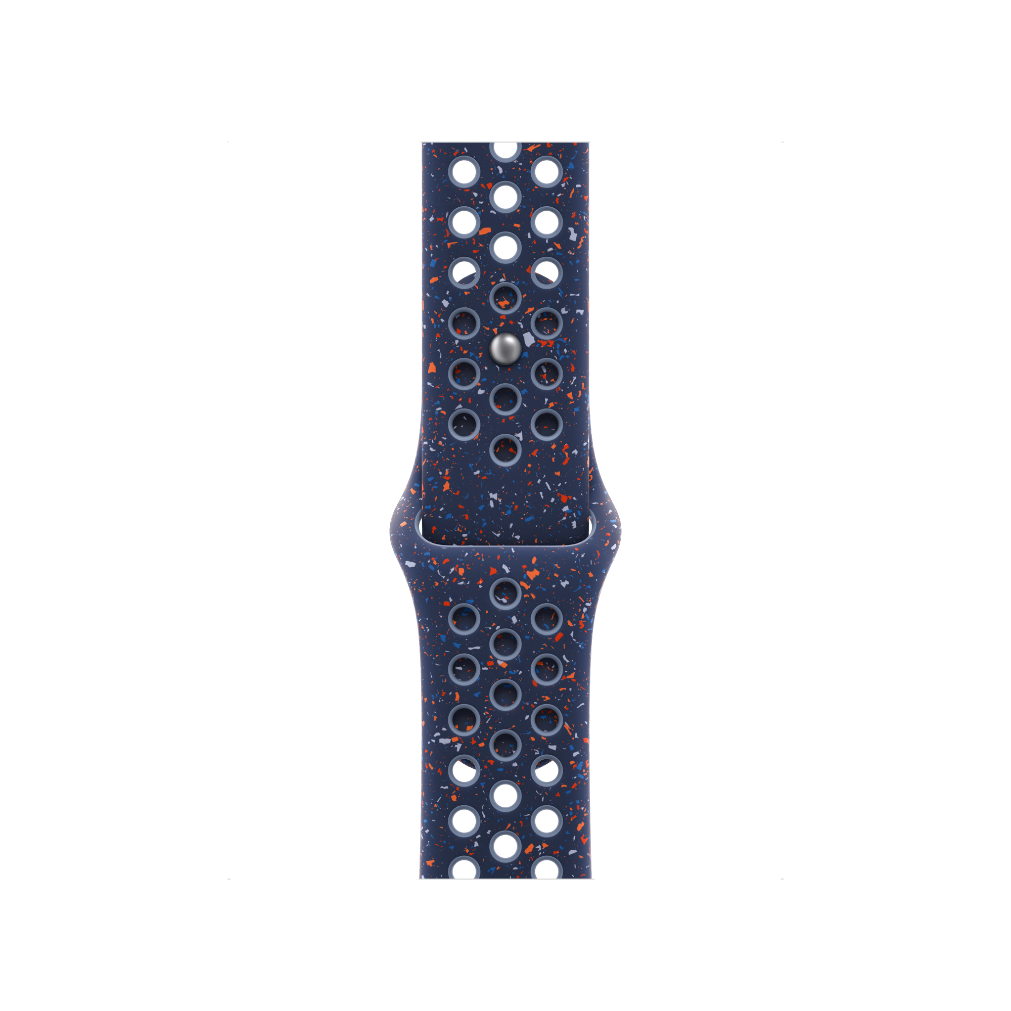 Granatowy pasek do Apple Watch z pomarańczowymi, białymi i niebieskimi plamkami. Ma wiele otworów i srebrną klamrę.